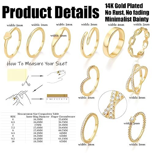 10 PCS Dainty 14K Gold Rings for Women, Open Twist Simulated Diamond Criss Cross Designs, Perfect for Stacking Layering on Thumb and Knuckle Engagement Rings in Sizes 6-10