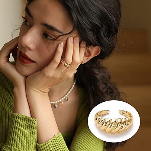 10PCS Gold Dome Chunky Rings for Women 18K Gold Plated Braided Twisted Round Signet Rings Adjustable Open Ring Band Statement Jewelry Size 7-9