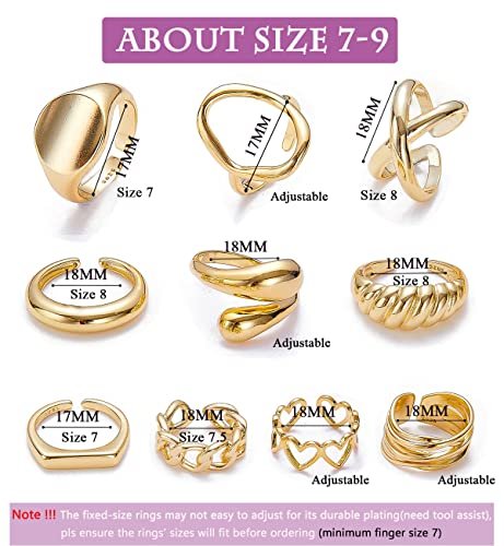 10PCS Gold Dome Chunky Rings for Women 18K Gold Plated Braided Twisted Round Signet Rings Adjustable Open Ring Band Statement Jewelry Size 7-9