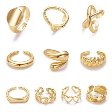 10PCS Gold Dome Chunky Rings for Women 18K Gold Plated Braided Twisted Round Signet Rings Adjustable Open Ring Band Statement Jewelry Size 7-9