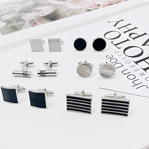 12 Pairs Cufflinks for Men Classic Tone Cuff Links Silver Black Striped Disc Square Rectangle Cuff Links Shirt Suit Men’s Cufflinks For Wedding Groom Business Elegant Gift