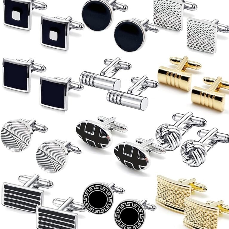 12 Pairs Cufflinks for Men Classic Tone Cuff Links Silver Black Striped Disc Square Rectangle Cuff Links Shirt Suit Men’s Cufflinks For Wedding Groom Business Elegant Gift