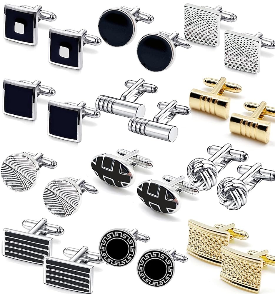 12 Pairs Cufflinks for Men Classic Tone Cuff Links Silver Black Striped Disc Square Rectangle Cuff Links Shirt Suit Men’s Cufflinks For Wedding Groom Business Elegant Gift