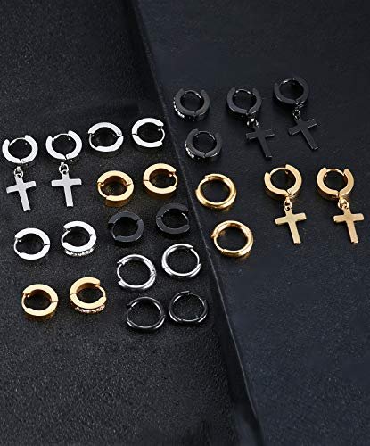 12 Pairs Stainless Steel Small Hoop Earrings Set Huggie Earrings CZ Inlaid Dangle Hinged Earrings Stud Earrings for Mens Women Silver Black Gold Tone
