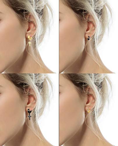 12 Pairs Stainless Steel Small Hoop Earrings Set Huggie Earrings CZ Inlaid Dangle Hinged Earrings Stud Earrings for Mens Women Silver Black Gold Tone