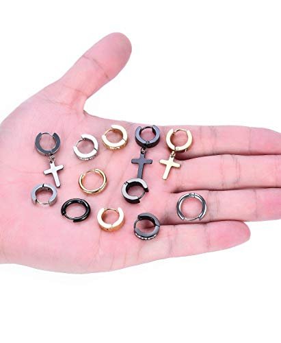 12 Pairs Stainless Steel Small Hoop Earrings Set Huggie Earrings CZ Inlaid Dangle Hinged Earrings Stud Earrings for Mens Women Silver Black Gold Tone