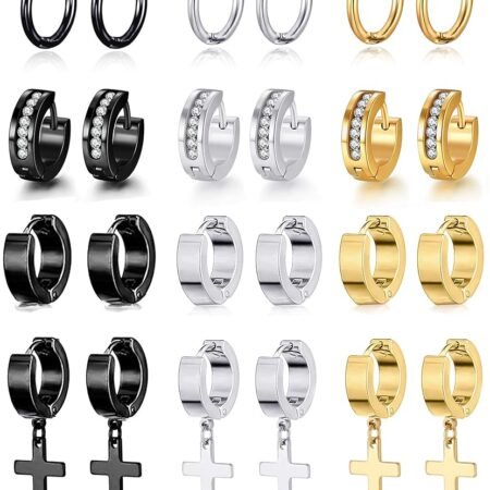 12 Pairs Stainless Steel Small Hoop Earrings Set Huggie Earrings CZ Inlaid Dangle Hinged Earrings Stud Earrings for Mens Women Silver Black Gold Tone