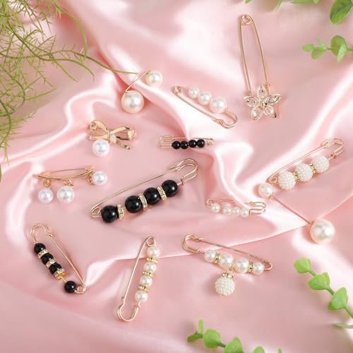 13 Pcs Pearl Brooch Pins, Cute Safety Pins for Clothing, Artificial Pearls Brooch, Elegant Pearl Cardigan Collar Brooch Clips for Women Girls Pants Dress Skirt Sweater