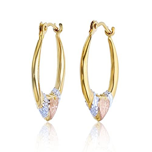 14K Gold Solid Hypoallergenic Heart Hoop Earrings - Tricolor Gold, Two Tone, Heart Shaped, Triple Heart, Shrimp Hoops