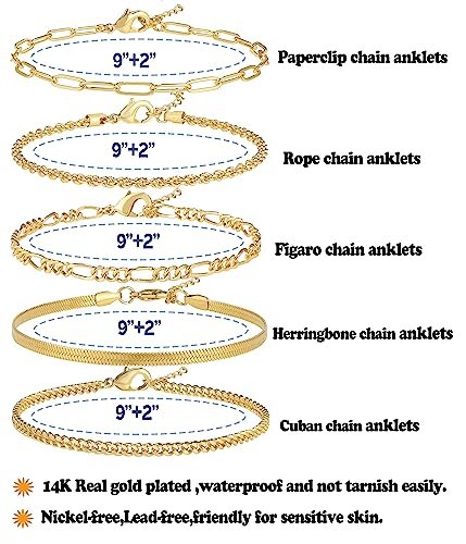 14K Gold/Sterling Silver Plated Anklet Bracelets for Women Waterproof Plus Size Cuban Link Chain Ankle Bracelet for Large Ankle 9-12inch