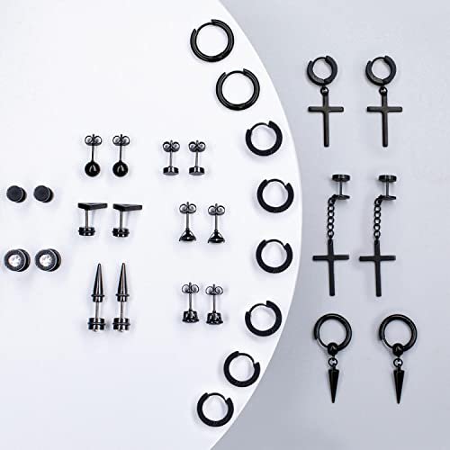 15 Pairs Earrings for Men, Stainless Steel Earrings Stud Kit for Men Women Fashion Piercing Jewelry Cross Dangle Hoop Earrings Set