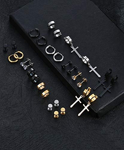 15 Pairs Stainless Steel Dangle Hinged Earrings Hoop Huggie Earrings CZ Stud Earrings Set for Men Women Ear Piercing Jewelry Silver Black Gold Tone