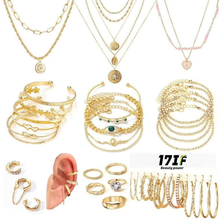 17IF 38-59 Pcs(9-8 Pack) Gold Plated Jewelry Set for Women With 8 Necklace 12 Bracelet 27 Ring 12 Pair Earring Hoop Simple Sparkle for Happy