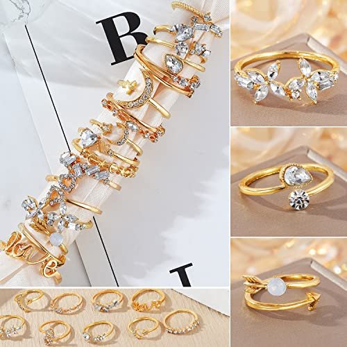 17IF Gold Boho Sparkle Knuckle Rings Set For Women, Vintage Fashion Aesthetic Trendy Joint Snake Ring Pack, Retro Pink Rhinestone Assorted Moon Star Crystal Love Leaf Diamond...