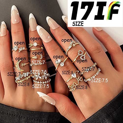 17IF Gold Boho Sparkle Knuckle Rings Set For Women, Vintage Fashion Aesthetic Trendy Joint Snake Ring Pack, Retro Pink Rhinestone Assorted Moon Star Crystal Love Leaf Diamond...