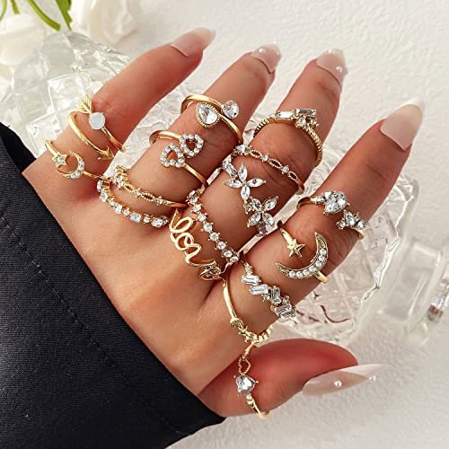 17IF Gold Boho Sparkle Knuckle Rings Set For Women, Vintage Fashion Aesthetic Trendy Joint Snake Ring Pack, Retro Pink Rhinestone Assorted Moon Star Crystal Love Leaf Diamond...