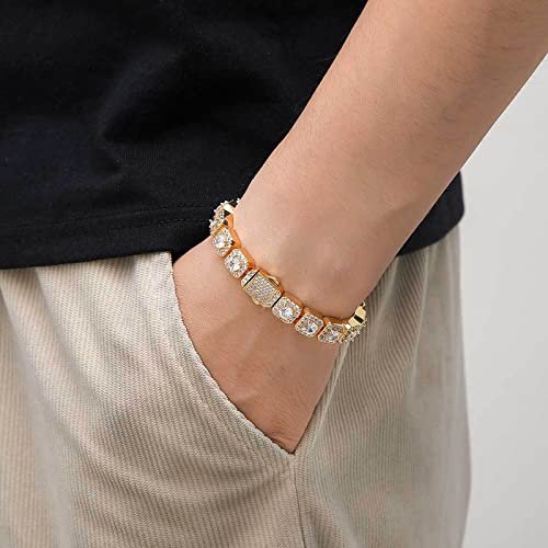 18K Gold Moissanite Baguette Mens Tennis Bracelet,Luxury Round Cut Moissanite Diamond Bezel Set Link Bracelet,Fine Jewelry Gift