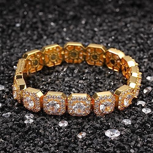 18K Gold Moissanite Baguette Mens Tennis Bracelet,Luxury Round Cut Moissanite Diamond Bezel Set Link Bracelet,Fine Jewelry Gift