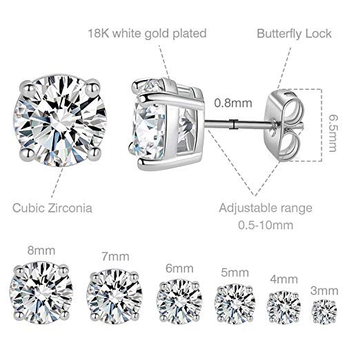 18K White Gold Plated 4 Pong Round Clear Cubic Zirconia Stud Earring Pack of 6 Pairs (6 Pairs)