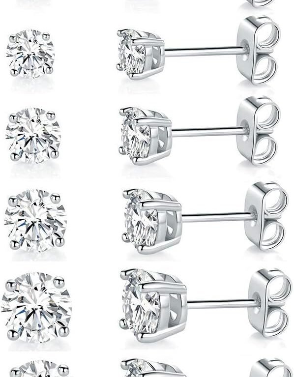 18K White Gold Plated 4 Pong Round Clear Cubic Zirconia Stud Earring Pack of 6 Pairs (6 Pairs)