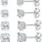 18K White Gold Plated 4 Pong Round Clear Cubic Zirconia Stud Earring Pack of 6 Pairs (6 Pairs)