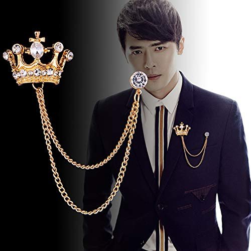 2PCS Men's Brooch Crown Hanging Chain Brooch Stone Detailing with Engraving Metal Crystal Brooch Suit Stud Lapel Pin Vintage Rhinestone Breastpin Wedding Brooch Pin, Gold and...