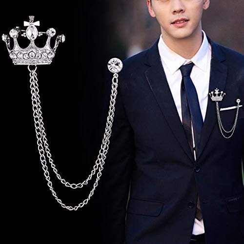 2PCS Men's Brooch Crown Hanging Chain Brooch Stone Detailing with Engraving Metal Crystal Brooch Suit Stud Lapel Pin Vintage Rhinestone Breastpin Wedding Brooch Pin, Gold and...