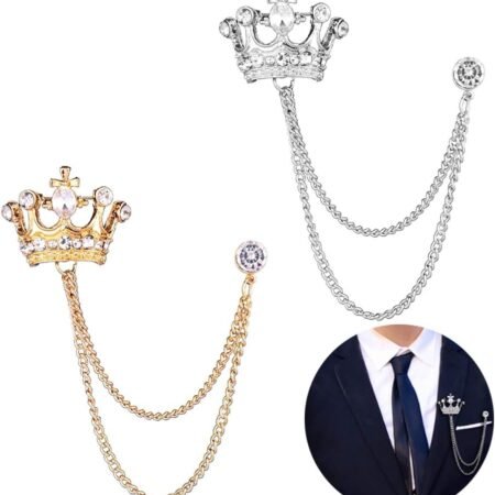 2PCS Men's Brooch Crown Hanging Chain Brooch Stone Detailing with Engraving Metal Crystal Brooch Suit Stud Lapel Pin Vintage Rhinestone Breastpin Wedding Brooch Pin, Gold and...