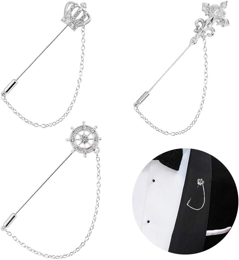 3 Packs Men's Brooch Lapel Pin Crown Rudder Cross Badge Hanging Chains Collar for Career Suit Tuxedo of Shirts Tie Hat Scarf for Boyfriend Father Birthday Silver