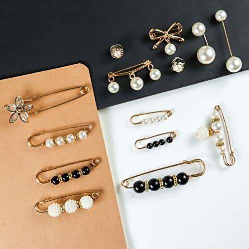 36 Pcs Pearl Brooch Pins Sweater Shawl Clip Neckline Safety Pin Faux Rhinestones Brooches for Women Clothing Dress Pants Skirt Waist Decoration Accessories