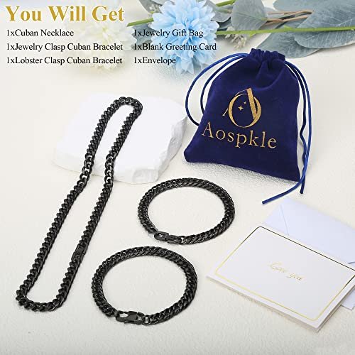 3PCS Cuban Link Bracelet Necklace, Black Sturdy 316L Stainless Steel Cuban Link Chain for Men Jewelry Set 8mm, 7/8/9 Inches