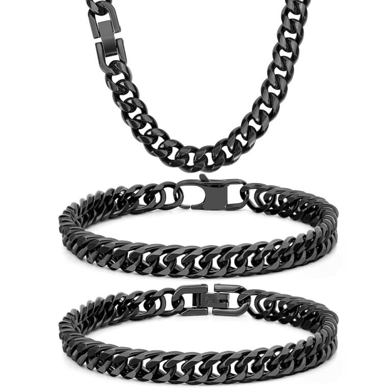 3PCS Cuban Link Bracelet Necklace, Black Sturdy 316L Stainless Steel Cuban Link Chain for Men Jewelry Set 8mm, 7/8/9 Inches