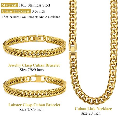 3PCS Cuban Link Bracelet Necklace, Gold Sturdy 316L Stainless Steel Cuban Link Chain for Men Jewelry Set 8mm, 7/8/9 Inches