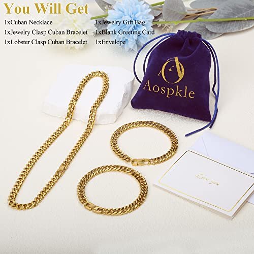 3PCS Cuban Link Bracelet Necklace, Gold Sturdy 316L Stainless Steel Cuban Link Chain for Men Jewelry Set 8mm, 7/8/9 Inches