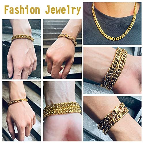 3PCS Cuban Link Bracelet Necklace, Gold Sturdy 316L Stainless Steel Cuban Link Chain for Men Jewelry Set 8mm, 7/8/9 Inches