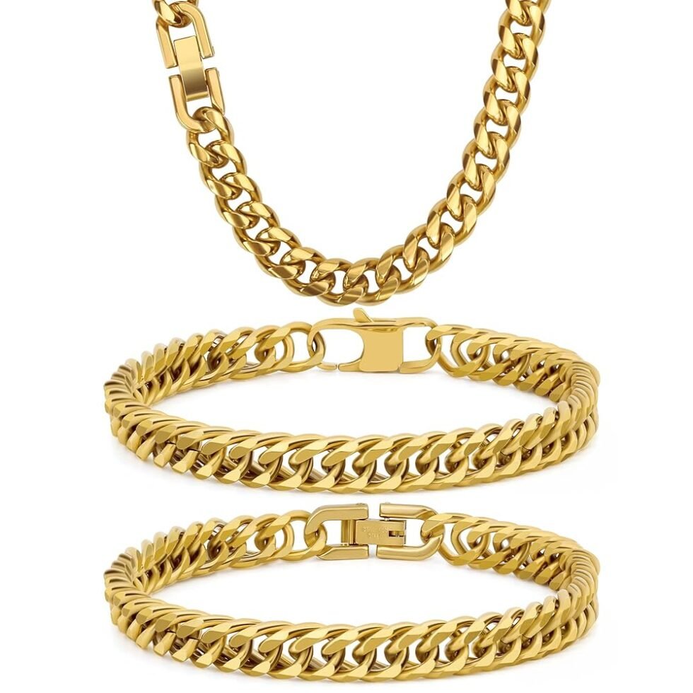 3PCS Cuban Link Bracelet Necklace, Gold Sturdy 316L Stainless Steel Cuban Link Chain for Men Jewelry Set 8mm, 7/8/9 Inches