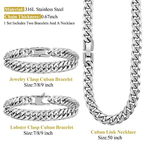 3PCS Cuban Link Bracelet Necklace, Sturdy 316L Stainless Steel Cuban Link Chain for Men Jewelry Set 8mm, 7/8/9 Inches