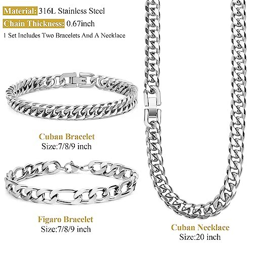 3PCS Cuban Link Figaro Bracelet Necklace, Silver Gold Black Sturdy 316L Stainless Steel Cuban Link Figaro Chain for Men Jewelry Set with Gift Message Card 8mm, 7/8/9 Inches