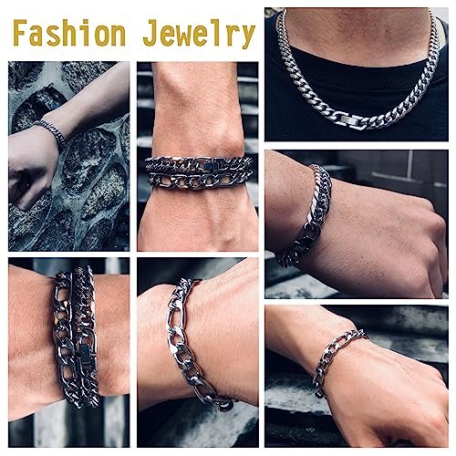 3PCS Cuban Link Figaro Bracelet Necklace, Silver Gold Black Sturdy 316L Stainless Steel Cuban Link Figaro Chain for Men Jewelry Set with Gift Message Card 8mm, 7/8/9 Inches