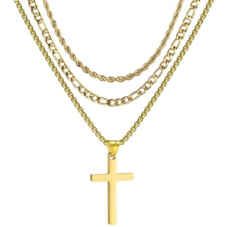 3Pcs Set Cross Necklace for Men, Mens Cross Necklace Cross Chain Layered Stainless Steel Rope Figaro Chains for Women Boys Gold Silver Black (20inch/22inch)