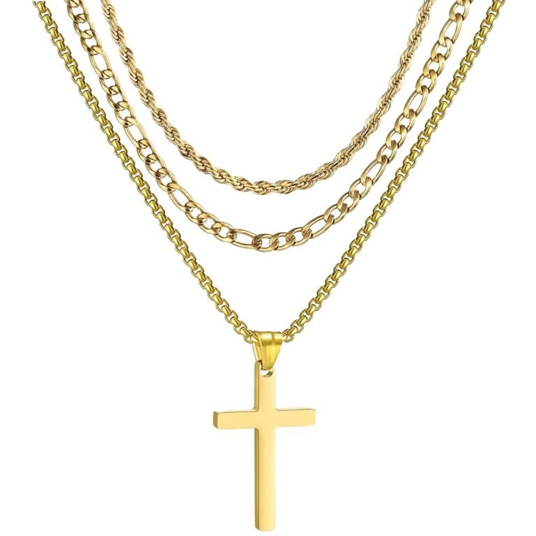 3Pcs Set Cross Necklace for Men, Mens Cross Necklace Cross Chain Layered Stainless Steel Rope Figaro Chains for Women Boys Gold Silver Black (20inch/22inch)