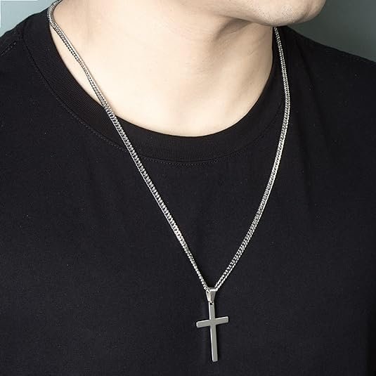 3PCS Silver Necklace Set,2PCS Cross Necklace for Men,1PCS Cuban Link Chain Necklace,Stainless Steel Chain Cross Pendant for Boys,Fashion Hip-Hop Jewelry Birthdays Gifts