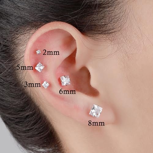 4 Pairs Stainless Steel Earrings, Square Earrings for Men Silver Cubic Zirconia Earrings Studs Hypoallergenic Princess Cut Earrings for Women Stud Earrings Set Cartilage...