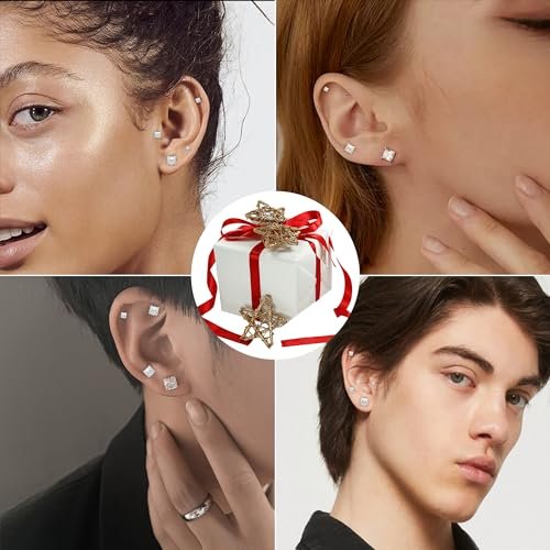 4 Pairs Stainless Steel Earrings, Square Earrings for Men Silver Cubic Zirconia Earrings Studs Hypoallergenic Princess Cut Earrings for Women Stud Earrings Set Cartilage...