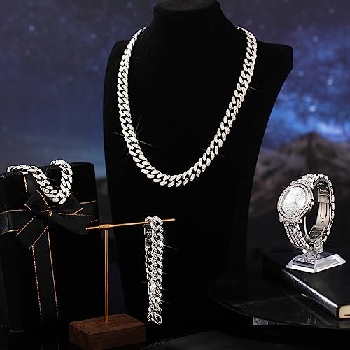 4 Pcs Hip Hop Jewelry Set Cuban Link Chains Bling Rhinestone Watch for Man Artificial Diamond Necklace Bracelet Watch