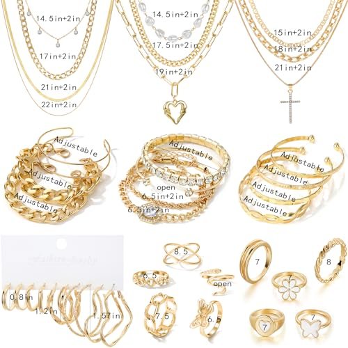 41 PCS Gold Jewelry Set for Women, Dainty Dangle Earrings,Cute Knuckle Rings,Adjustable Layered Necklaces and Chunky Bracelets,Fashion Trendy Anniversary Birthday Gift Packs