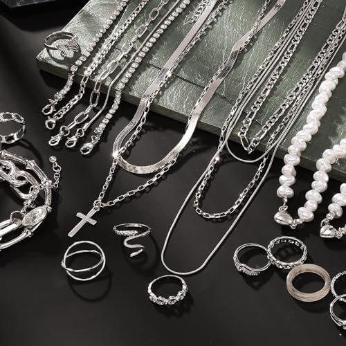 43 PCS Silver Jewelry Set for Women,Ball Dangle Hoop Earrings,Multi Layered Bracelets,Stackable Knuckle Rings,Adjustable Dainty Necklaces,Anniversary Valentine Fashion Trendy...