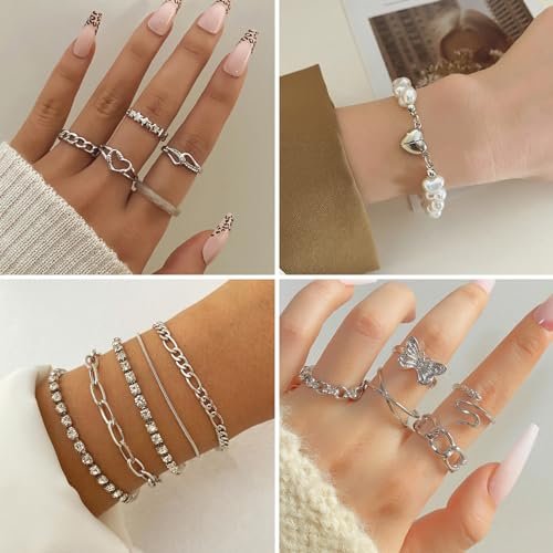 43 PCS Silver Jewelry Set for Women,Ball Dangle Hoop Earrings,Multi Layered Bracelets,Stackable Knuckle Rings,Adjustable Dainty Necklaces,Anniversary Valentine Fashion Trendy...