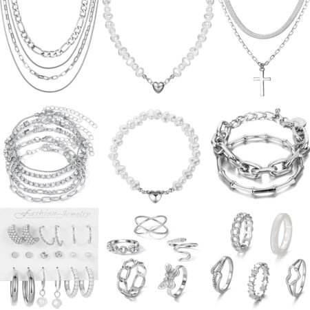 43 PCS Silver Jewelry Set for Women,Ball Dangle Hoop Earrings,Multi Layered Bracelets,Stackable Knuckle Rings,Adjustable Dainty Necklaces,Anniversary Valentine Fashion Trendy...