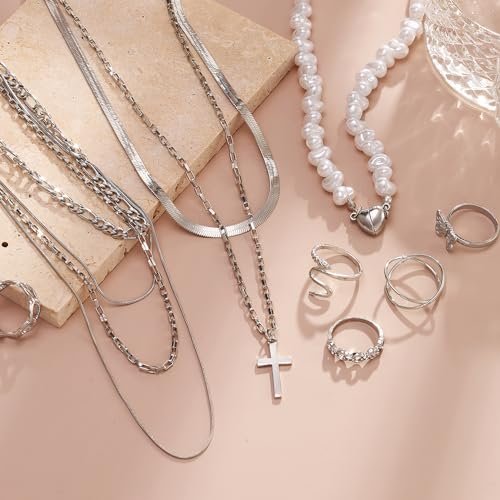 43 PCS Silver Jewelry Set for Women,Ball Dangle Hoop Earrings,Multi Layered Bracelets,Stackable Knuckle Rings,Adjustable Dainty Necklaces,Anniversary Valentine Fashion Trendy...